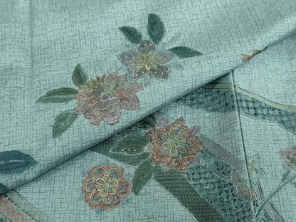 平和屋着物▽中国三大刺繍　スワトウ刺繍　汕頭刺繍　総刺繍　本場染大島紬　訪問着　単衣　草花文　金糸　正絹　逸品　DABF1890ud