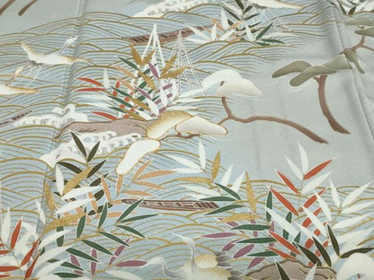 平和屋着物●豪華色留袖　駒刺繍　立波飛鶴小舟文　金彩　正絹　逸品　DABF1893ud