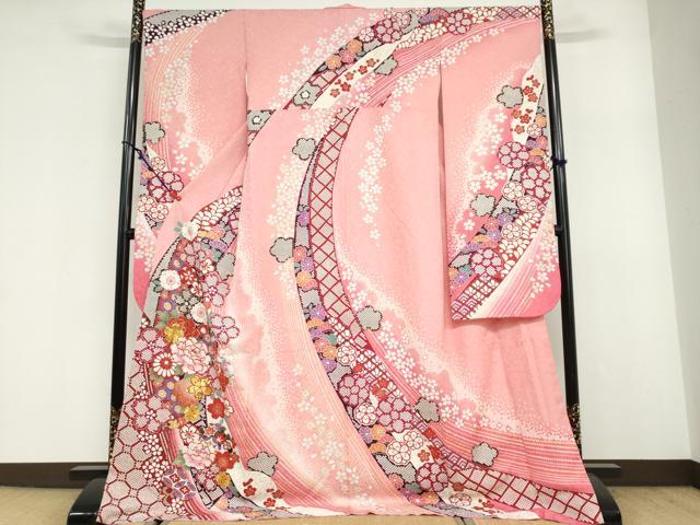 平和屋着物●豪華振袖　駒刺繍　雪輪草花文　暈し染め　金彩　銀通し地　正絹　逸品　DABF1904ud