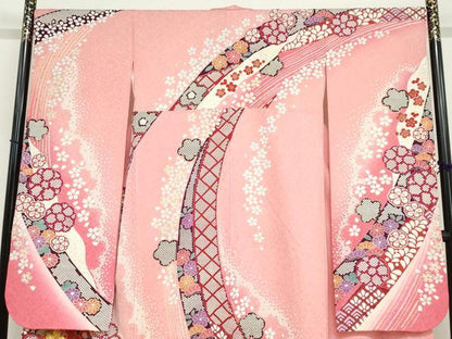 平和屋着物●豪華振袖　駒刺繍　雪輪草花文　暈し染め　金彩　銀通し地　正絹　逸品　DABF1904ud