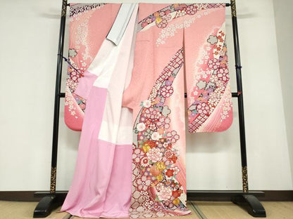 平和屋着物●豪華振袖　駒刺繍　雪輪草花文　暈し染め　金彩　銀通し地　正絹　逸品　DABF1904ud