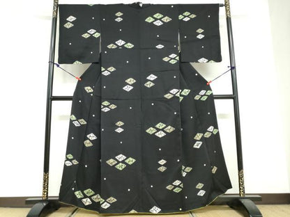平和屋着物●上質な小紋　絞り　菱文　黒地　正絹　逸品　DABF1908ud