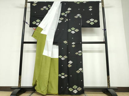 平和屋着物●上質な小紋　絞り　菱文　黒地　正絹　逸品　DABF1908ud