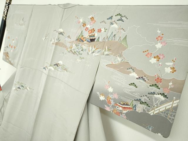 平和屋着物●訪問着　流水風景草花文　金彩　正絹　逸品　DABF1915ud