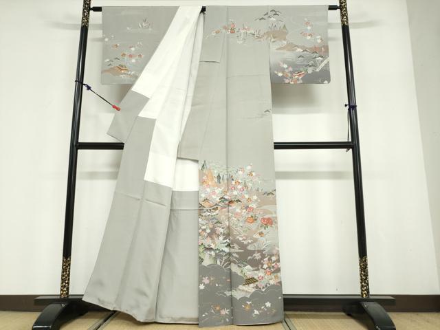 平和屋着物●訪問着　流水風景草花文　金彩　正絹　逸品　DABF1915ud