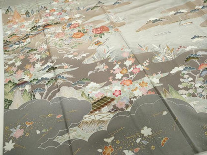 平和屋着物●訪問着　流水風景草花文　金彩　正絹　逸品　DABF1915ud