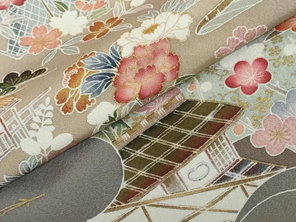 平和屋着物●訪問着　流水風景草花文　金彩　正絹　逸品　DABF1915ud
