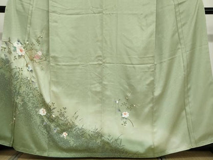 平和屋着物●中国三大刺繍　スワトウ刺繍　汕頭刺繍　訪問着　地紙重ね草花文　暈し染め　金彩　正絹　逸品　DABF1919ud
