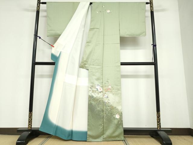 平和屋着物●中国三大刺繍　スワトウ刺繍　汕頭刺繍　訪問着　地紙重ね草花文　暈し染め　金彩　正絹　逸品　DABF1919ud