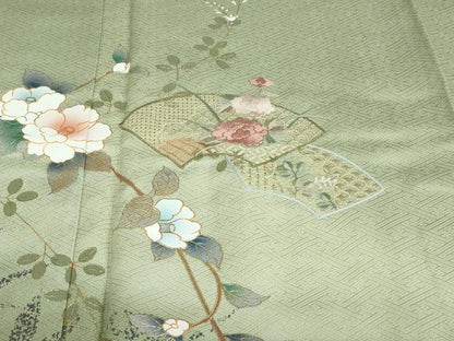 平和屋着物●中国三大刺繍　スワトウ刺繍　汕頭刺繍　訪問着　地紙重ね草花文　暈し染め　金彩　正絹　逸品　DABF1919ud