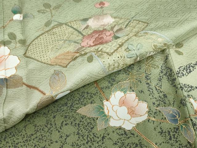 平和屋着物●中国三大刺繍　スワトウ刺繍　汕頭刺繍　訪問着　地紙重ね草花文　暈し染め　金彩　正絹　逸品　DABF1919ud