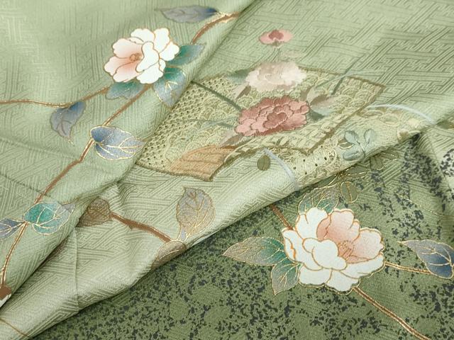 平和屋着物●中国三大刺繍　スワトウ刺繍　汕頭刺繍　訪問着　地紙重ね草花文　暈し染め　金彩　正絹　逸品　DABF1919ud