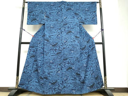 平和屋着物●上質な小紋　藍　型染め　色紙重ね風景文　正絹　逸品　DABF1936ud