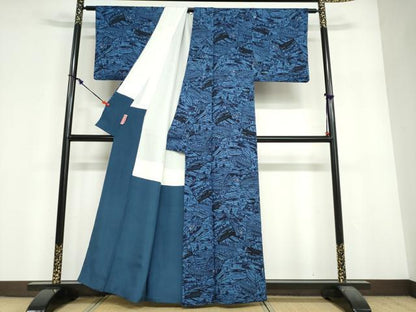 平和屋着物●上質な小紋　藍　型染め　色紙重ね風景文　正絹　逸品　DABF1936ud