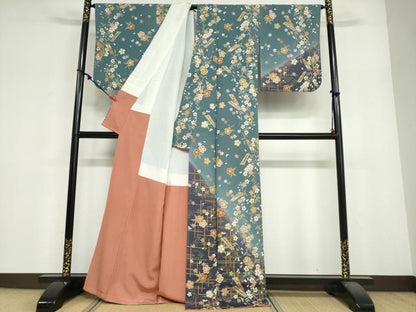平和屋着物●訪問着　扇面草花文　暈し染め　金彩　正絹　逸品　DABF1939ud