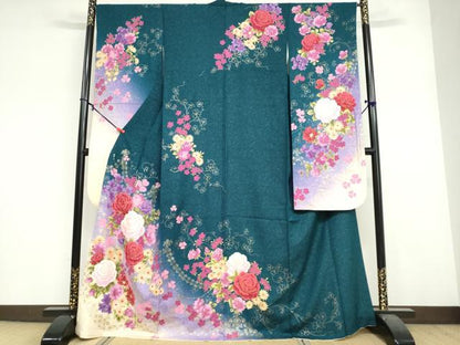 平和屋着物●豪華振袖　草花文　暈し染め　銀通し地　正絹　逸品　DABF1941ud