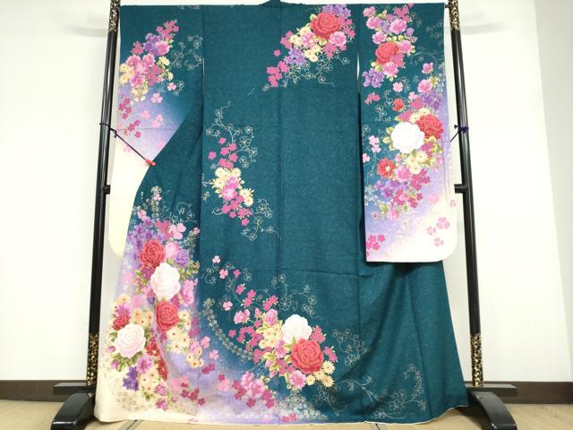 平和屋着物●豪華振袖　草花文　暈し染め　銀通し地　正絹　逸品　DABF1941ud