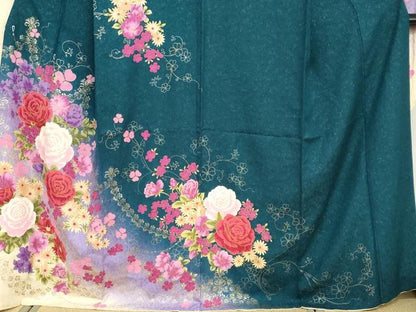 平和屋着物●豪華振袖　草花文　暈し染め　銀通し地　正絹　逸品　DABF1941ud