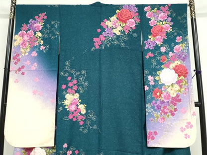 平和屋着物●豪華振袖　草花文　暈し染め　銀通し地　正絹　逸品　DABF1941ud
