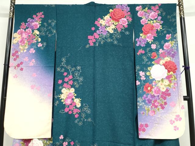 平和屋着物●豪華振袖　草花文　暈し染め　銀通し地　正絹　逸品　DABF1941ud
