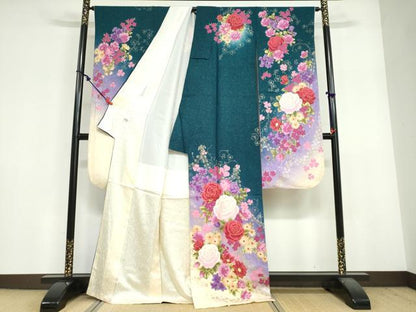 平和屋着物●豪華振袖　草花文　暈し染め　銀通し地　正絹　逸品　DABF1941ud