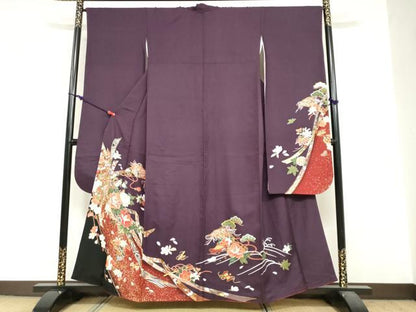 平和屋着物●豪華振袖　駒刺繍　御所車草花文　金彩　正絹　逸品　DABF1947ud