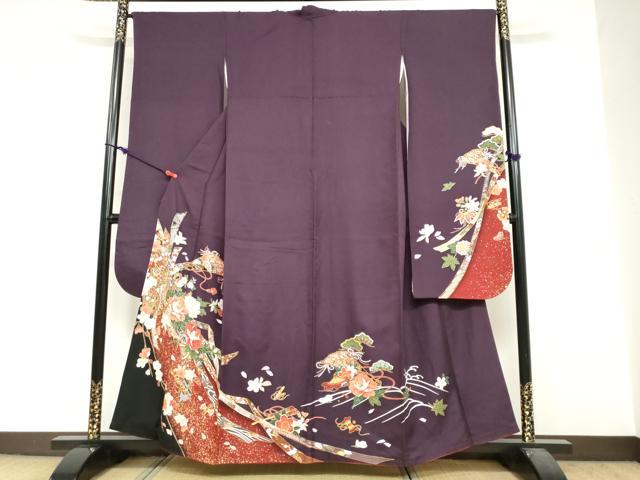 平和屋着物●豪華振袖　駒刺繍　御所車草花文　金彩　正絹　逸品　DABF1947ud