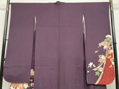 平和屋着物●豪華振袖　駒刺繍　御所車草花文　金彩　正絹　逸品　DABF1947ud