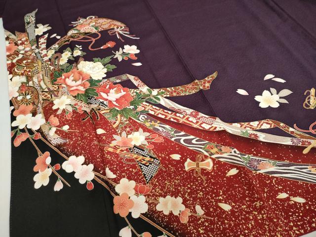 平和屋着物●豪華振袖　駒刺繍　御所車草花文　金彩　正絹　逸品　DABF1947ud