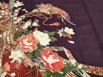 平和屋着物●豪華振袖　駒刺繍　御所車草花文　金彩　正絹　逸品　DABF1947ud