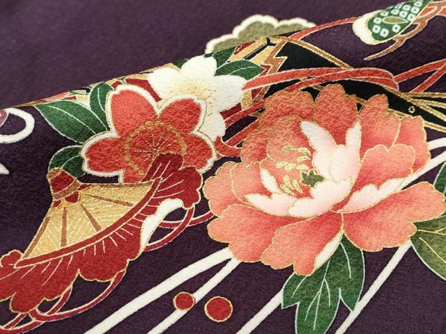 平和屋着物●豪華振袖　駒刺繍　御所車草花文　金彩　正絹　逸品　DABF1947ud