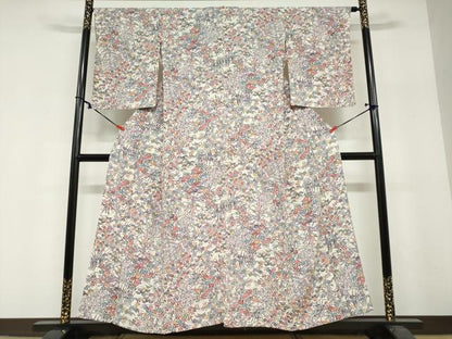 平和屋着物▽上質な小紋　単衣　型染め　草花文　正絹　逸品　DABF1956ud