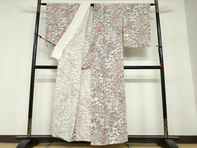 平和屋着物▽上質な小紋　単衣　型染め　草花文　正絹　逸品　DABF1956ud