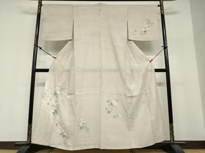 平和屋着物▽訪問着　単衣　紬地　手描き　草花文　正絹　逸品　DABF1958ud