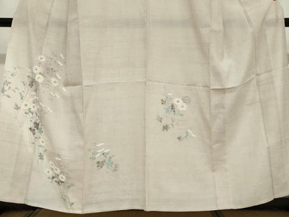 平和屋着物▽訪問着　単衣　紬地　手描き　草花文　正絹　逸品　DABF1958ud