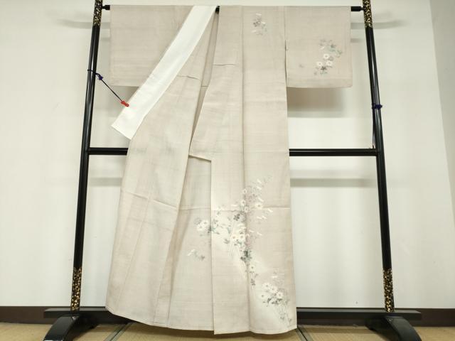 平和屋着物▽訪問着　単衣　紬地　手描き　草花文　正絹　逸品　DABF1958ud