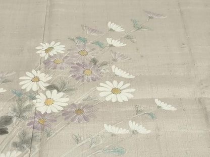 平和屋着物▽訪問着　単衣　紬地　手描き　草花文　正絹　逸品　DABF1958ud
