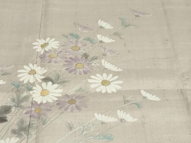 平和屋着物▽訪問着　単衣　紬地　手描き　草花文　正絹　逸品　DABF1958ud