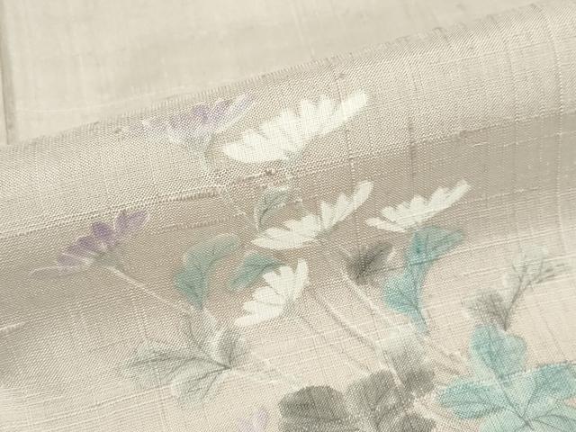 平和屋着物▽訪問着　単衣　紬地　手描き　草花文　正絹　逸品　DABF1958ud