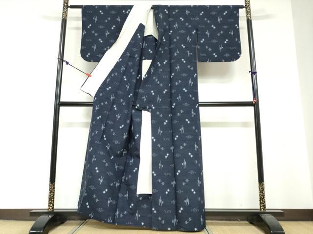 平和屋着物▽上質な紬　単衣　絣文様　正絹　逸品　DABF1965ud