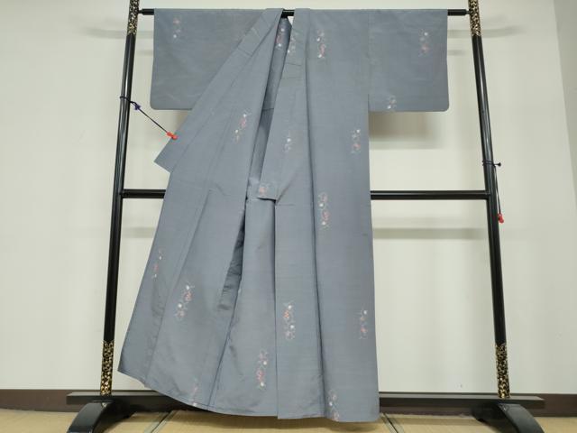 平和屋着物▽上質な紬　単衣　花唐草文　正絹　逸品　DABF1966ud