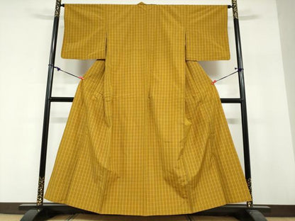 平和屋着物▽上質な紬　単衣　変わり格子文　正絹　逸品　DABF1970ud