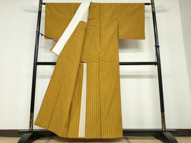 平和屋着物▽上質な紬　単衣　変わり格子文　正絹　逸品　DABF1970ud