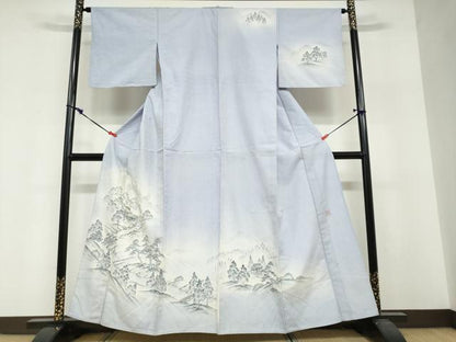平和屋着物▽訪問着　単衣　紬地　手描き　遠山風景文　正絹　逸品　DABF1971ud