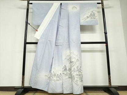 平和屋着物▽訪問着　単衣　紬地　手描き　遠山風景文　正絹　逸品　DABF1971ud