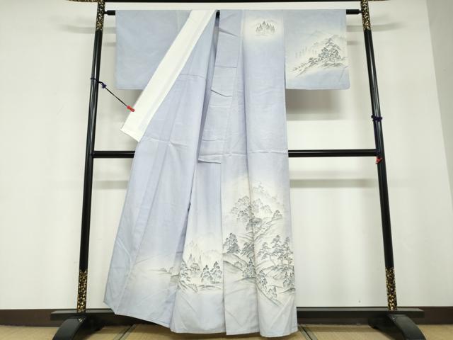 平和屋着物▽訪問着　単衣　紬地　手描き　遠山風景文　正絹　逸品　DABF1971ud