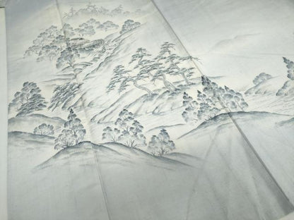 平和屋着物▽訪問着　単衣　紬地　手描き　遠山風景文　正絹　逸品　DABF1971ud