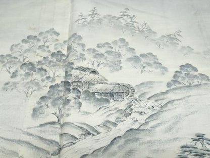 平和屋着物▽訪問着　単衣　紬地　手描き　遠山風景文　正絹　逸品　DABF1971ud