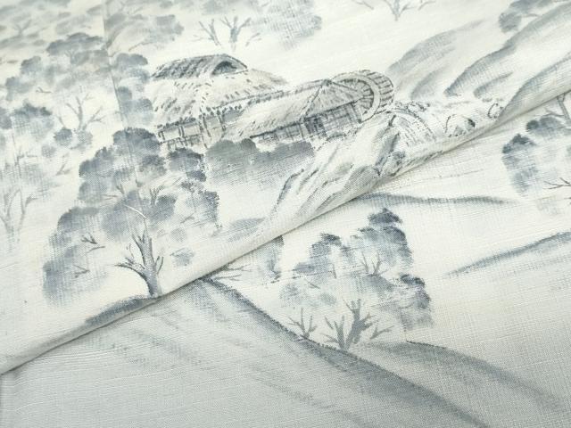 平和屋着物▽訪問着　単衣　紬地　手描き　遠山風景文　正絹　逸品　DABF1971ud
