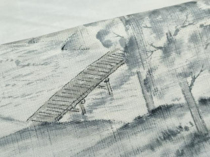 平和屋着物▽訪問着　単衣　紬地　手描き　遠山風景文　正絹　逸品　DABF1971ud